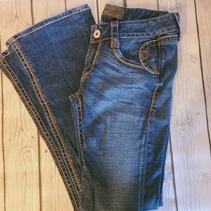 Womens Blue Tattoo Faded Denim Blue Jeans Embroidered BootCut Size 29 Boot Cut